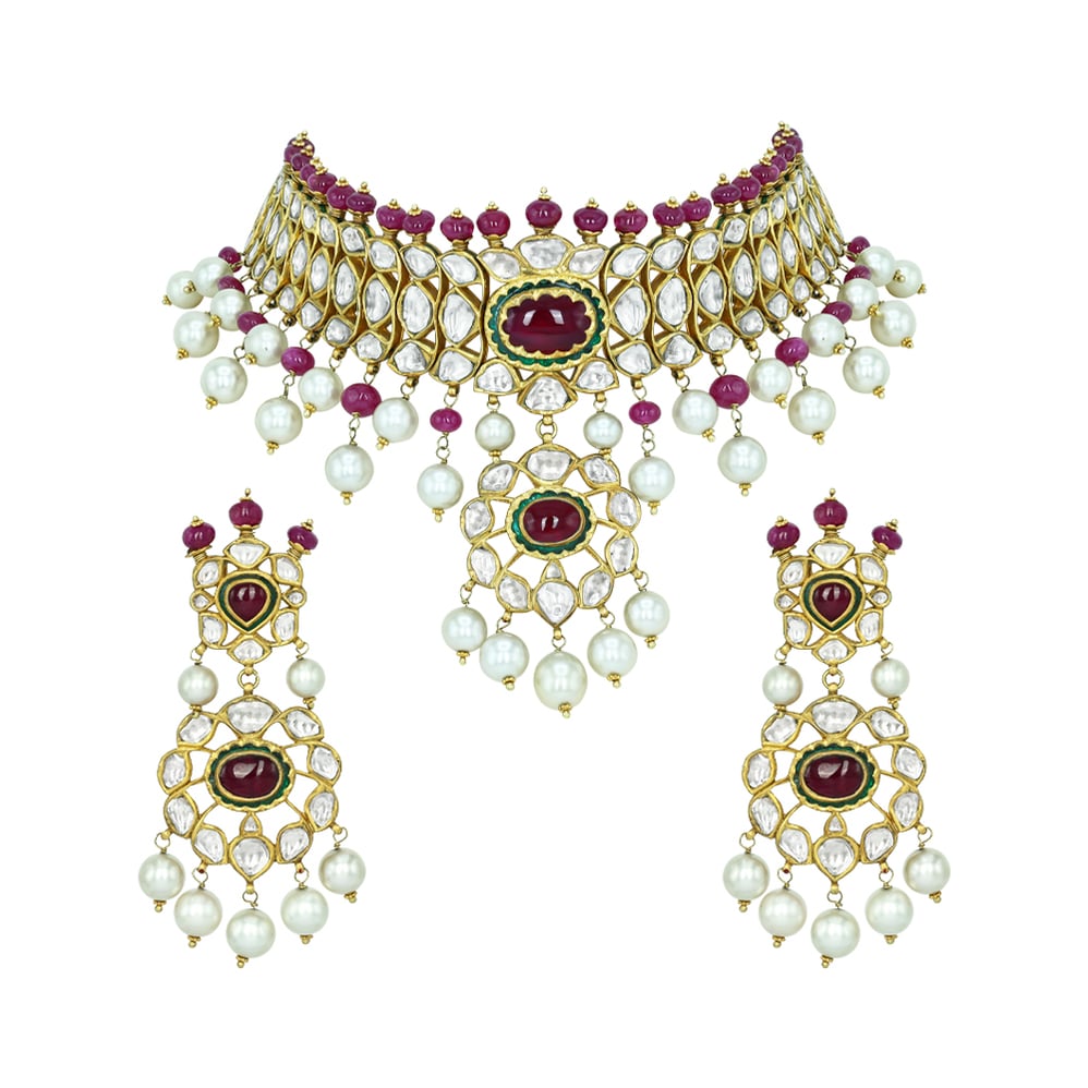 Polki Choker Set with Ruby Cabochons, Pearl Drops, and Pendant